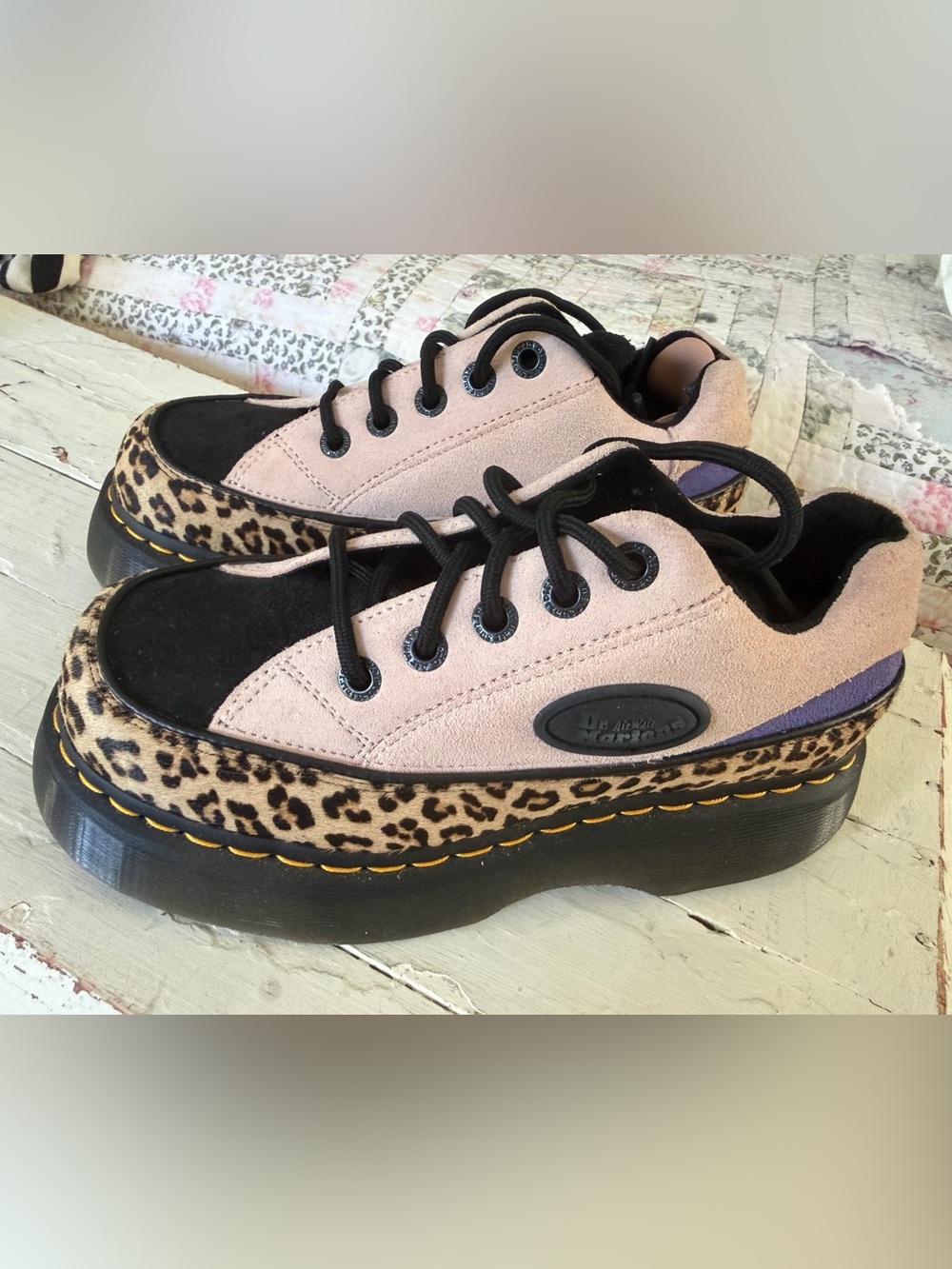 Dr. Martens Pink Suede Platform Sneakers with Leopard Print